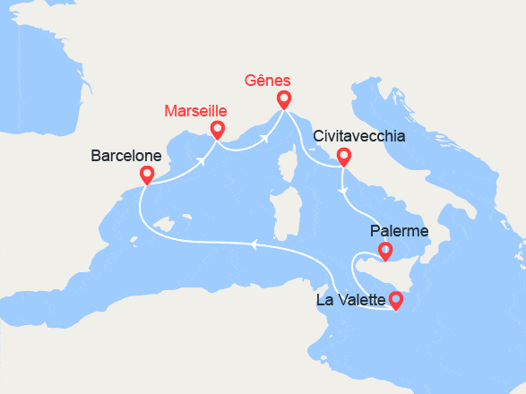 itinéraire croisière Méditerranée : Italie, Sicile, Malte, Espagne