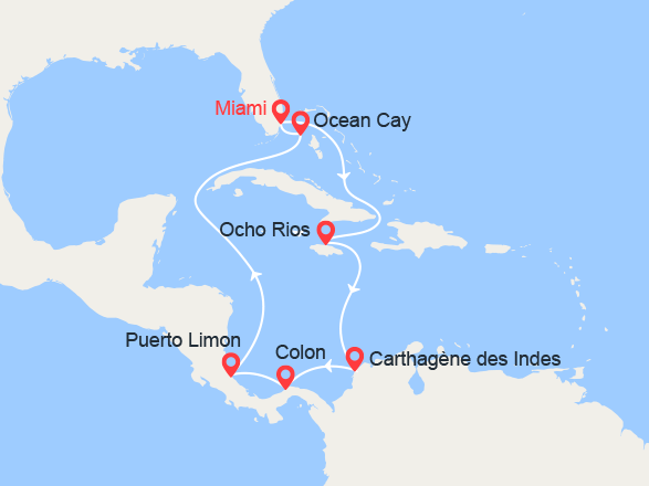 itinéraire croisière Caraïbes et Antilles : Jamaïque, Colombie, Panama, Costa Rica, Bahamas 