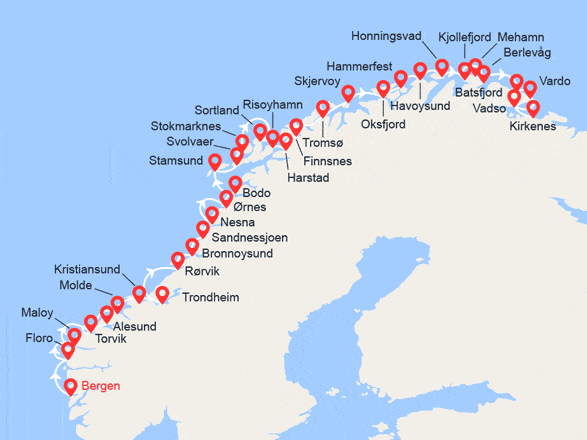 itinéraire croisière Fjords - Fjords : La Norvège du Sud au Nord: de Bergen à Kirkenes