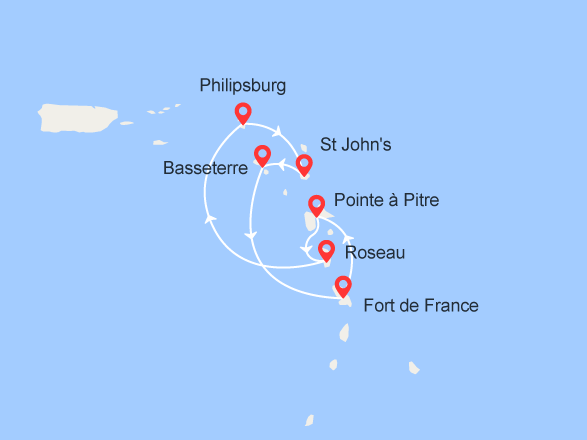 itinéraire croisière Caraïbes et Antilles : Martinique, Guadeloupe, Dominique, St Maarten, Antigua, St Kitts 