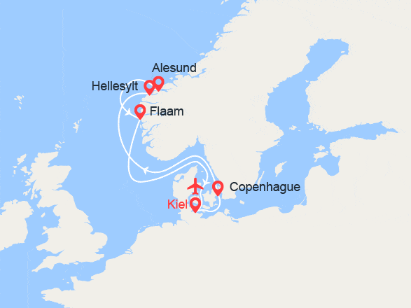 itinéraire croisière Fjords - Fjords : Norvège: Hellesylt, Alesund, Flam II Vols Inclus