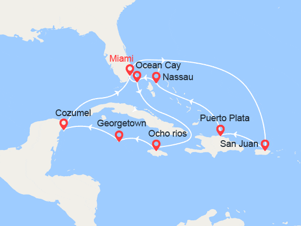 itinéraire croisière Caraïbes et Antilles : Porto Rico, Rép Dominicaine, Bahamas, Jamaïque, Caïmans, Mexique