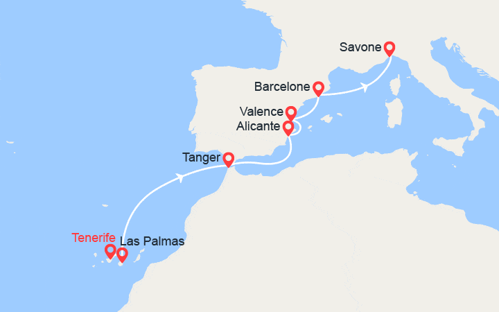 Carte itinéraire croisière Iles Canaries, Maroc, Espagne, Italie