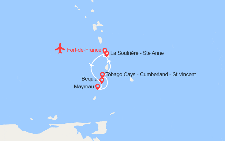 Carte itinéraire croisière A la découverte des Grenadines