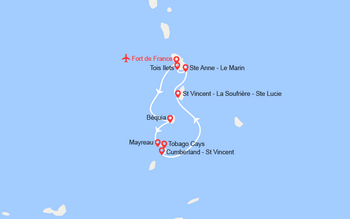 Carte itinéraire croisière A la découverte des Grenadines et extension 4 nuits à l'hôtel Bambou Resort