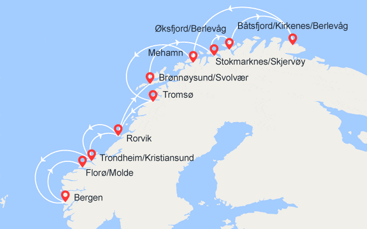 Carte itinéraire croisière A la recherche des Aurores Boréales - avec vols et accompagnateur francophone