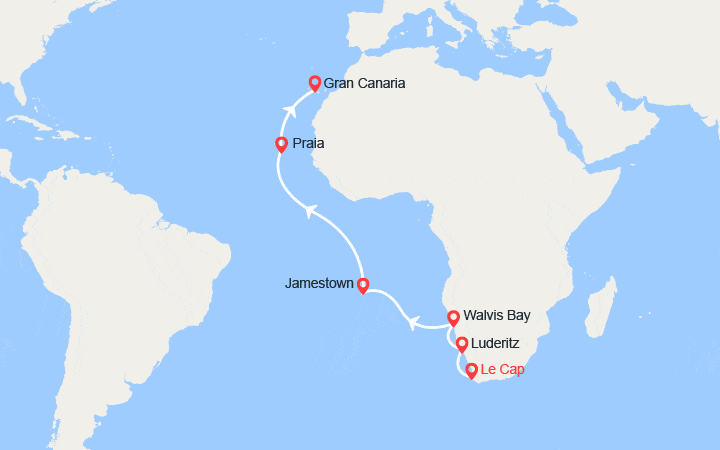 Carte itinéraire croisière Afrique du Sud, Namibie, île de Sainte-Hélène, Cap-Vert, Espagne