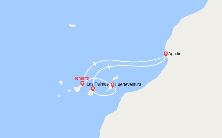 Carte itinéraire croisière Agadir, Las Palmas, Fuerteventura