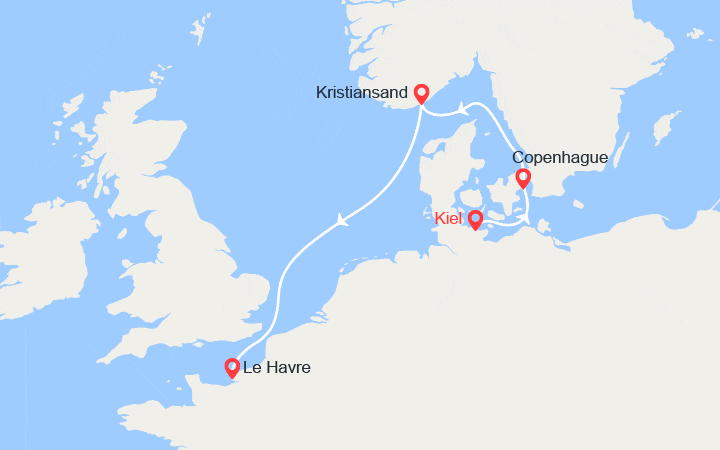 Carte itinéraire croisière Allemagne, Danemark, Norvège