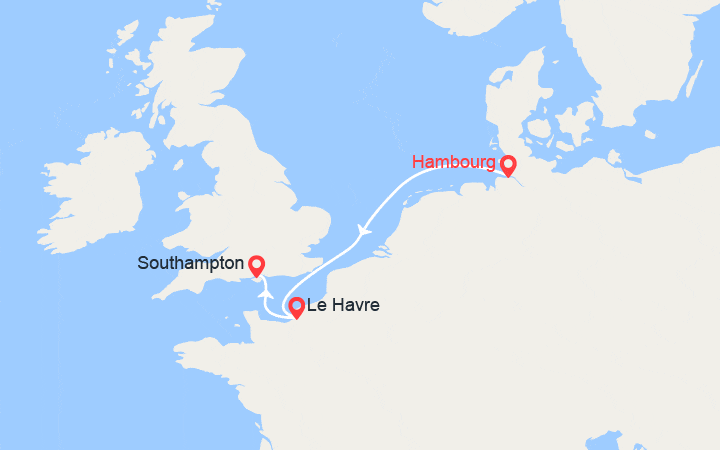 Carte itinéraire croisière Allemagne, France, Royaume-Uni