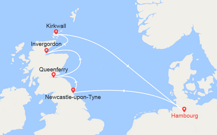 Carte itinéraire croisière Allemagne, Grande-Bretagne, Écosse