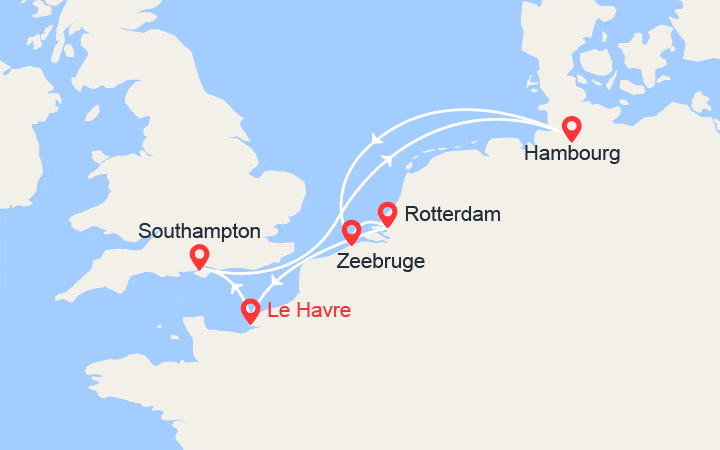 Carte itinéraire croisière Angleterre, Allemagne, Belgique, Pays Bas