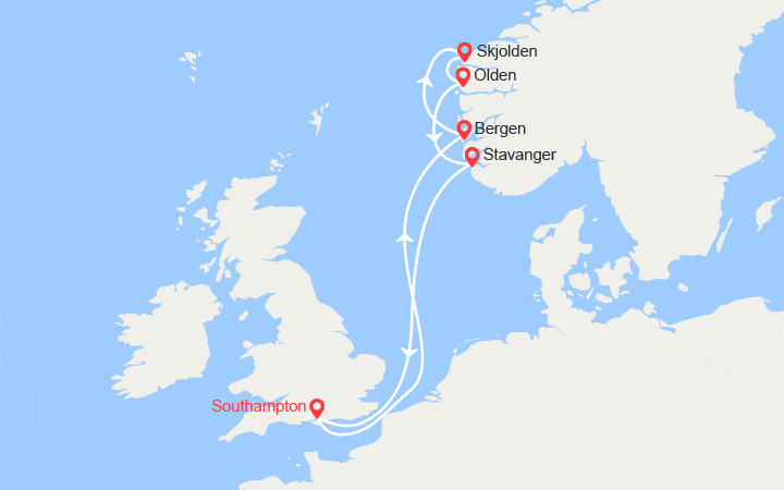 Carte itinéraire croisière Angleterre & Norvège : Bergen, Olden, Stavanger