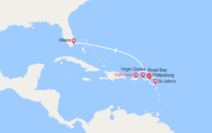 Carte itinéraire croisière Anguilla, Antigua et Barbuda, St Martin, îles Vierges
