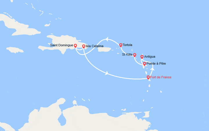 Carte itinéraire croisière Antilles, îles Vierges, Rép. Dominicaine