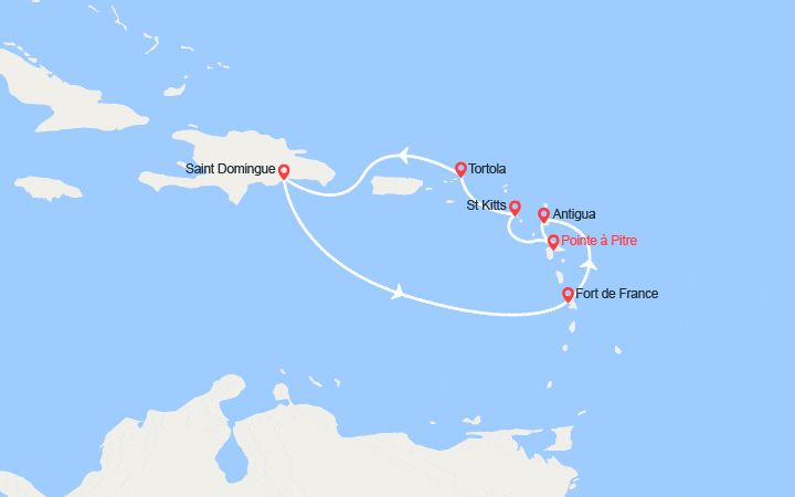 Carte itinéraire croisière Antilles, îles Vierges, Rép. Dominicaine