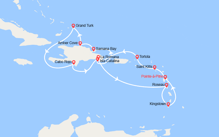 Carte itinéraire croisière Antilles, îles Vierges, Rép. Dominicaine, Dominique, St Vincent