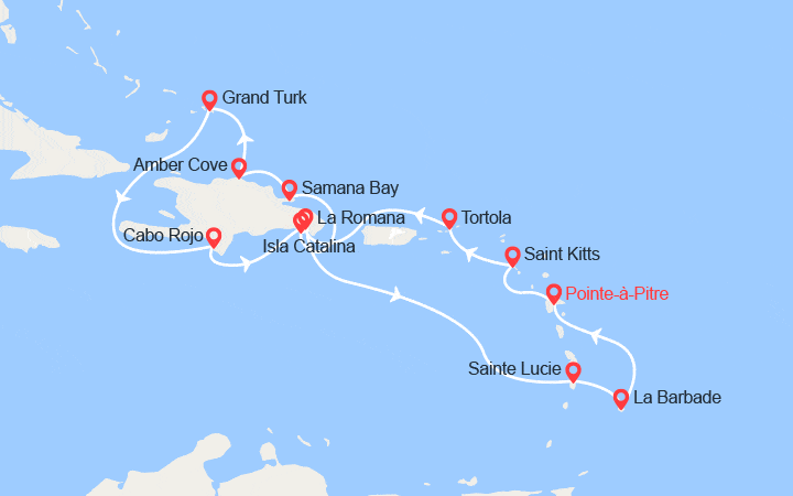Carte itinéraire croisière Antilles, Iles Vierges, Rép. Dominicaine, îles Turks et Caïques