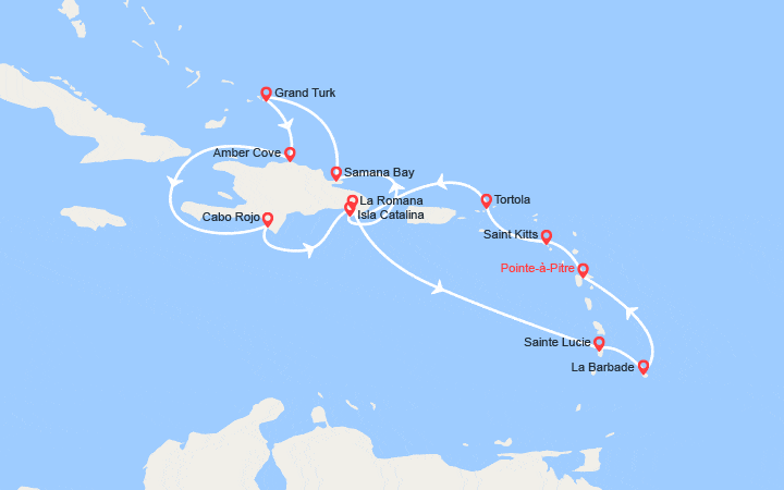 Carte itinéraire croisière Antilles, îles Vierges, Rép. Dominicaine, îles Turks et Caïques