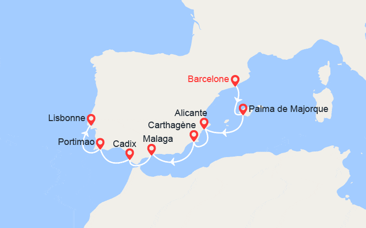 Carte itinéraire croisière Atlantique et Méditerranée : Espagne et Portugal