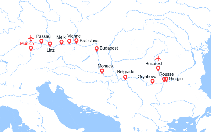 Carte itinéraire croisière Au Fil du Danube, Vienne - Budapest, les Portes de Fer