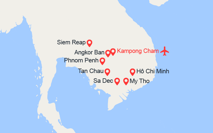 Carte itinéraire croisière Au Fil du Mékong, des Temples d’Angkor à Saigon