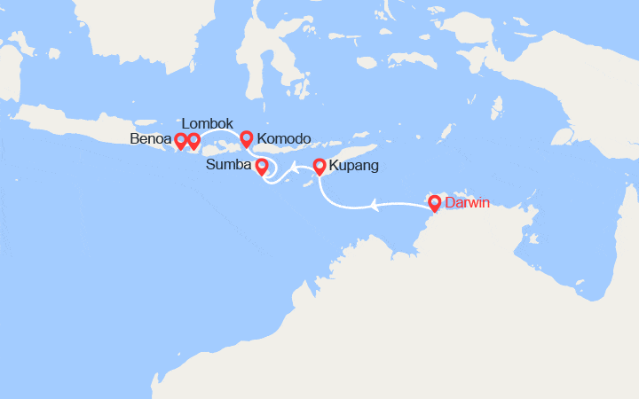 Carte itinéraire croisière Australie, Indonésie : de Darwin à Bali