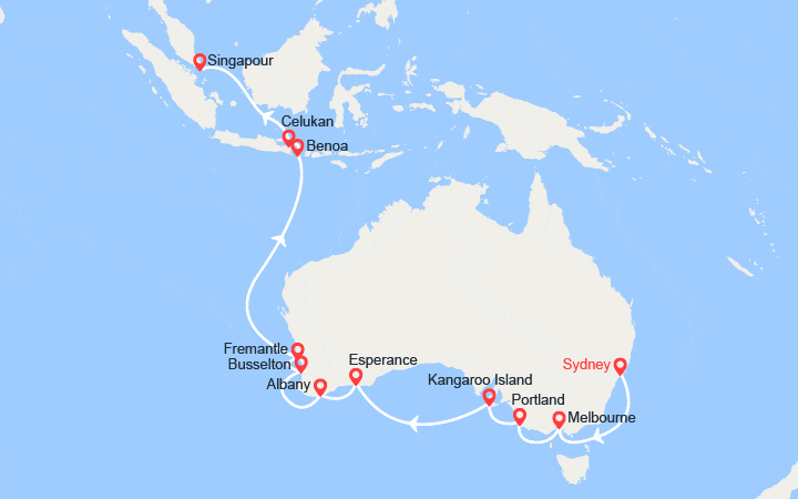 Carte itinéraire croisière Australie, Indonésie, Singapour