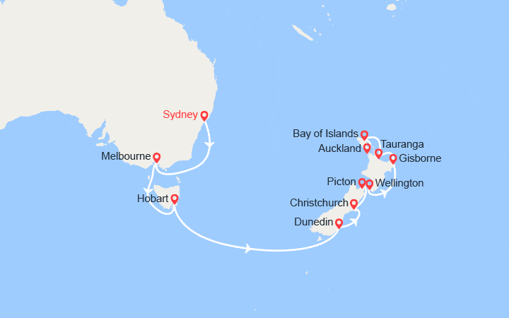 Carte itinéraire croisière Australie, Nouvelle-Zélande