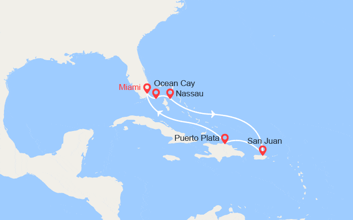 Carte itinéraire croisière Bahamas et Floride : Nassau, MSC Ocean Cay, Miami