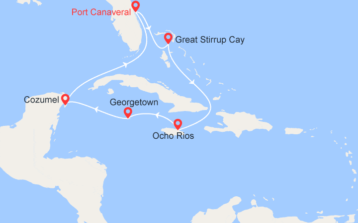 Carte itinéraire croisière Bahamas, Jamaïque, Iles Cayman, Mexique