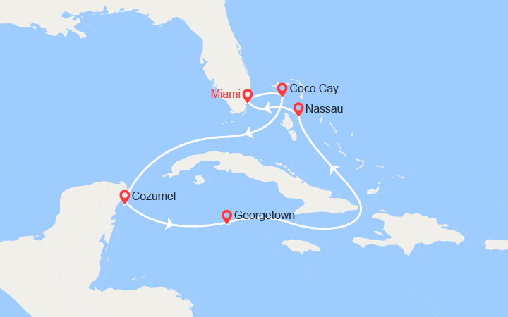 Carte itinéraire croisière Bahamas, Mexique