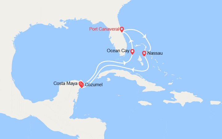Carte itinéraire croisière Bahamas, Mexique