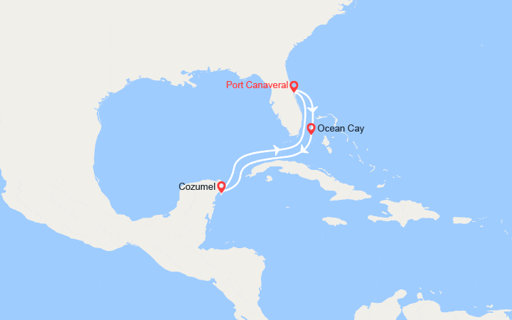 Carte itinéraire croisière Bahamas, Mexique au départ des États-Unis