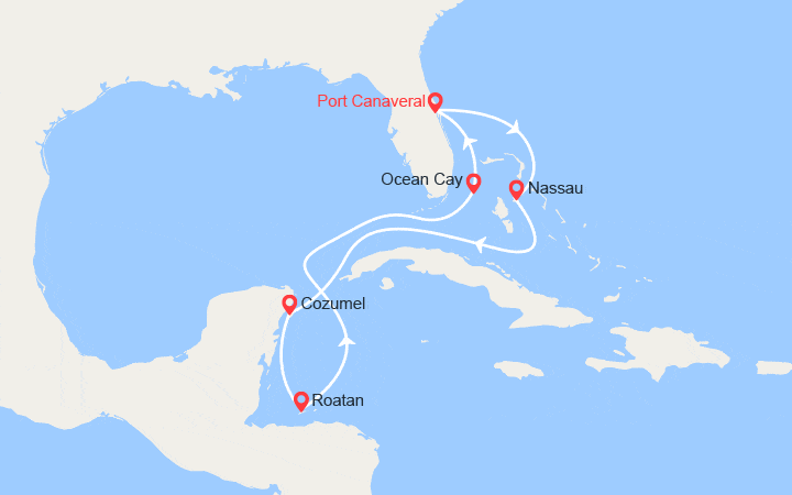 Carte itinéraire croisière Bahamas, Mexique, Honduras