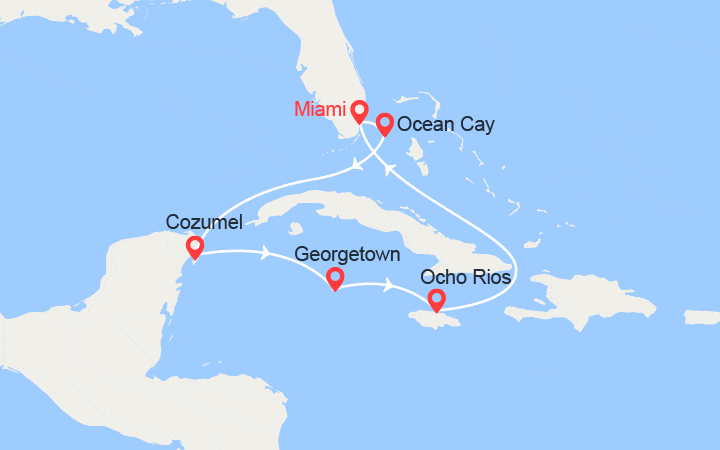 Carte itinéraire croisière Bahamas, Mexique, îles Caïmans, Jamaïque