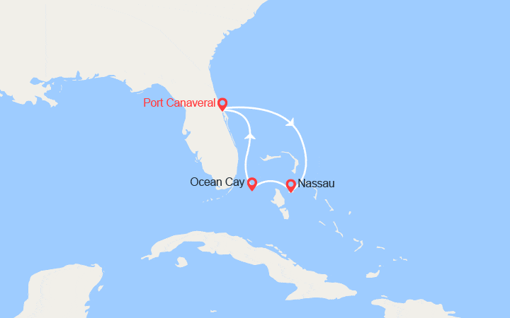 Carte itinéraire croisière Bahamas : Nassau, Ocean Cay