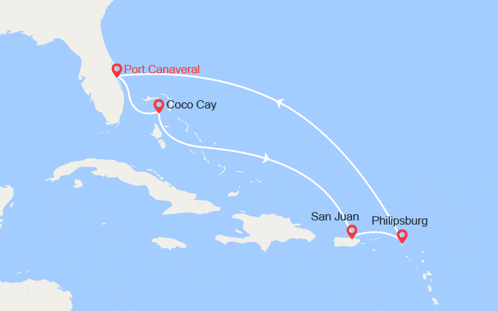 Carte itinéraire croisière Bahamas, Porto Rico, St Maarten