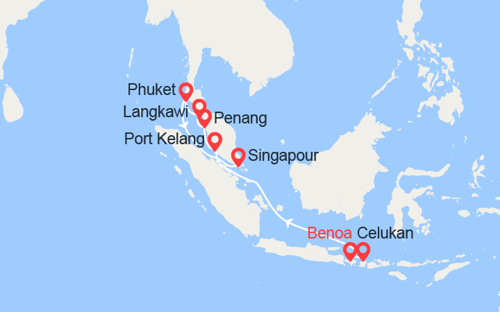 Carte itinéraire croisière Bali, Indonésie, Malaisie, Thaïlande et Singapour