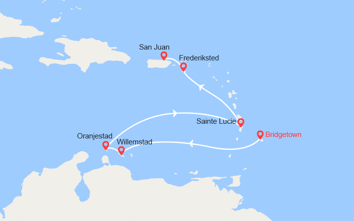 Carte itinéraire croisière Barbade, Aruba, Ste Lucie, Îles Vierges, Porto Rico