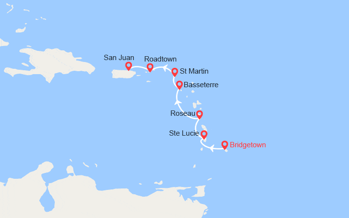 Carte itinéraire croisière Barbade, Ste Lucie, Dominique, St Christophe et Niévès, St Martin, Porto Rico