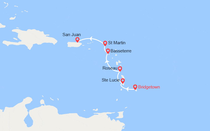 Carte itinéraire croisière Barbade, Ste Lucie, Dominique, St Christophe et Niévès, St Martin, Porto Rico