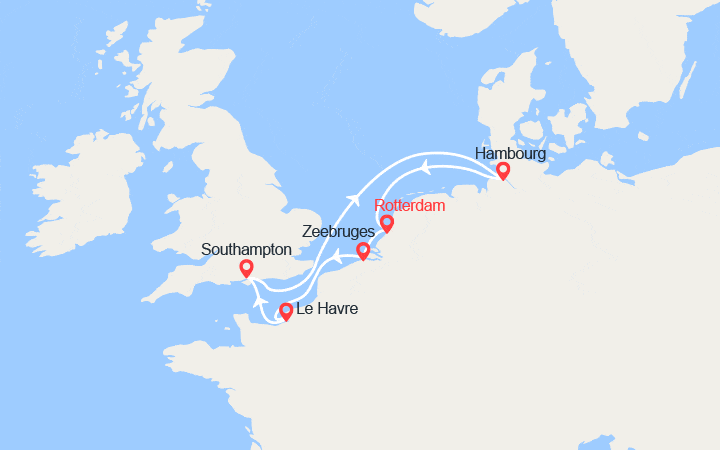Carte itinéraire croisière Belgique, France, Royaume-Uni, Allemagne