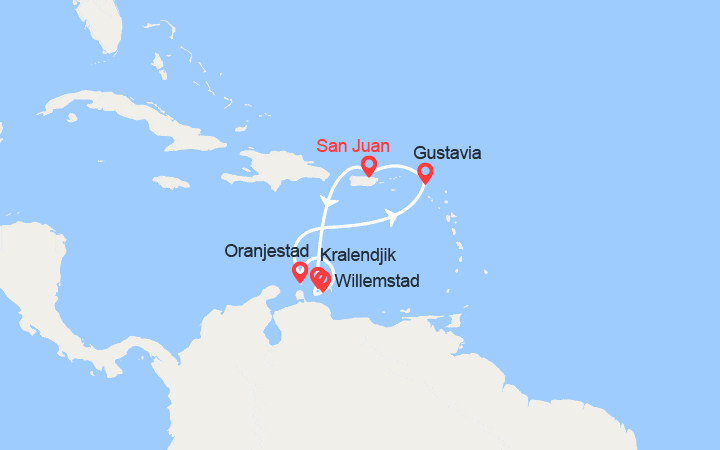 Carte itinéraire croisière Bonaire, Curaçao, Aruba, St Barthélemy, Porto Rico