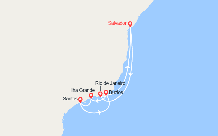 Carte itinéraire croisière Brésil : Copacabana, Buzios, Ilha Grande, Salvador