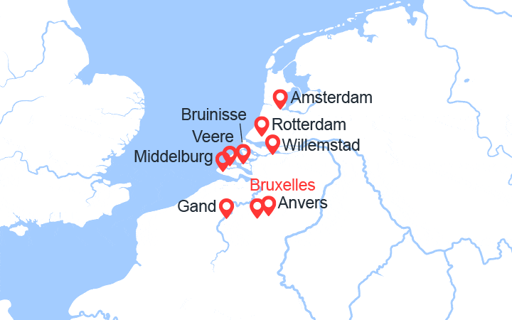 Carte itinéraire croisière Bruxelles, Anvers, Gand, Amsterdam, Rotterdam
