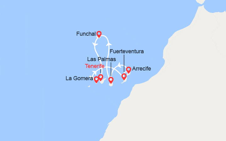 Carte itinéraire croisière Canaries, Espagne, Madère