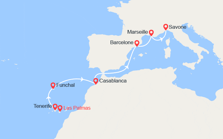 Carte itinéraire croisière Canaries, Madère, Maroc, Espagne, France, Italie