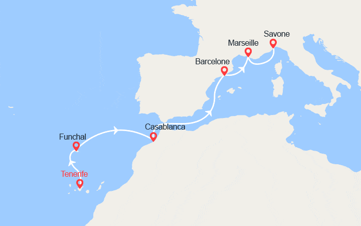 Carte itinéraire croisière Canaries, Madère, Maroc, Espagne, France, Italie