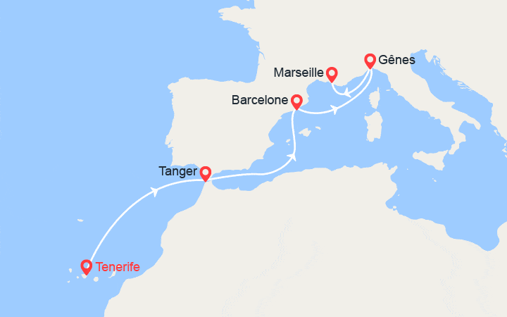 Carte itinéraire croisière Canaries, Maroc, Espagne, Italie, France